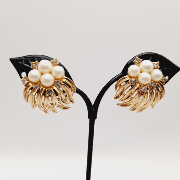 Vintage Crown Trifari Clip Earrings, Faux Pearl, Rhinestone, Mid-Century - Picture 1 of 10